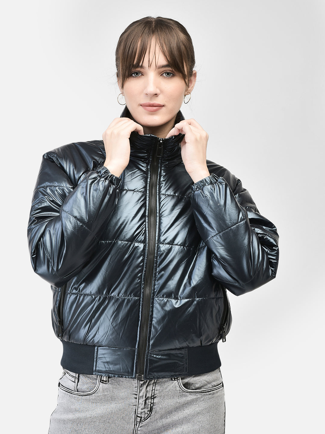 Navy Blue Bomber Jacket-Women Jackets-Crimsoune Club