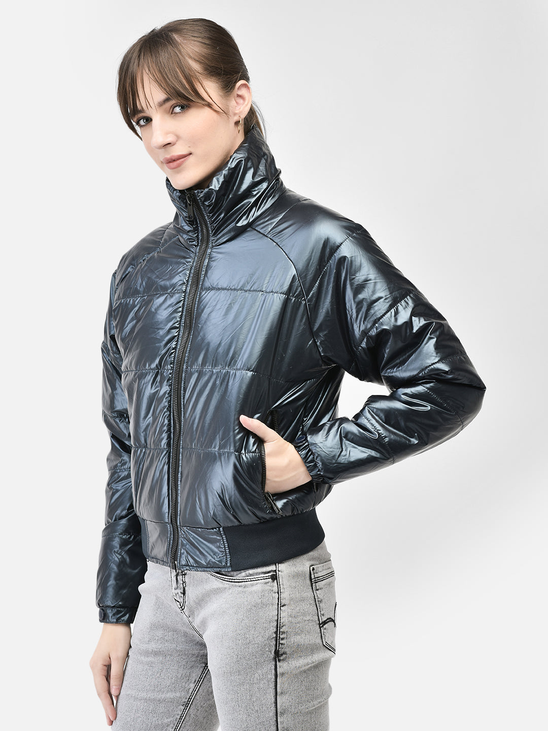 Navy Blue Bomber Jacket-Women Jackets-Crimsoune Club
