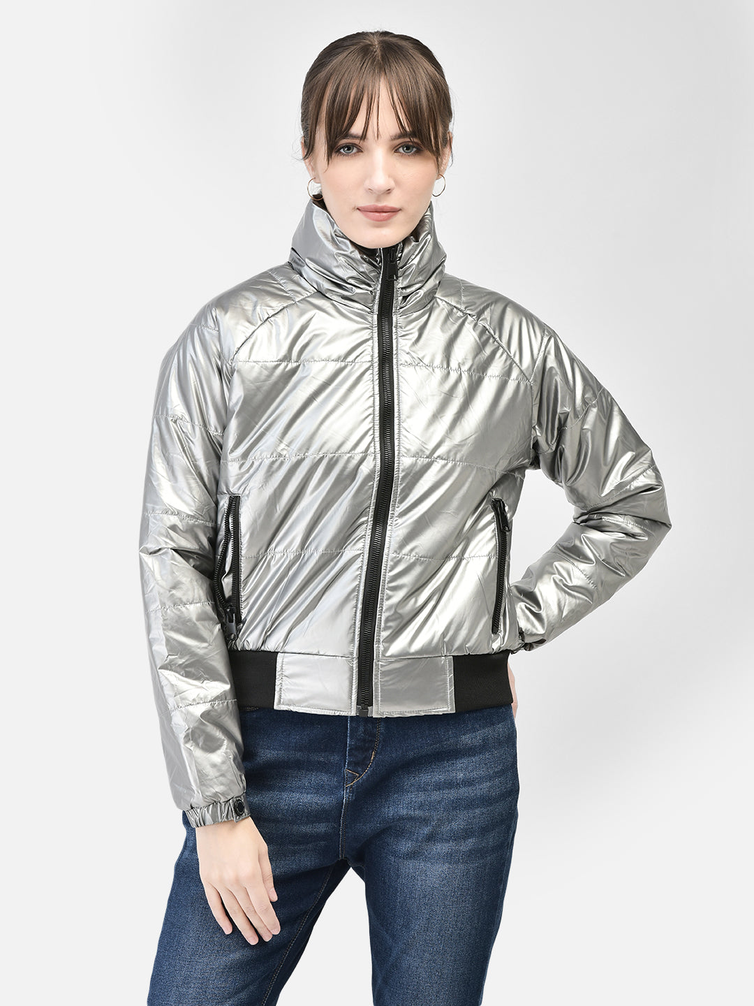 Grey Bomber Jacket-Women Jackets-Crimsoune Club