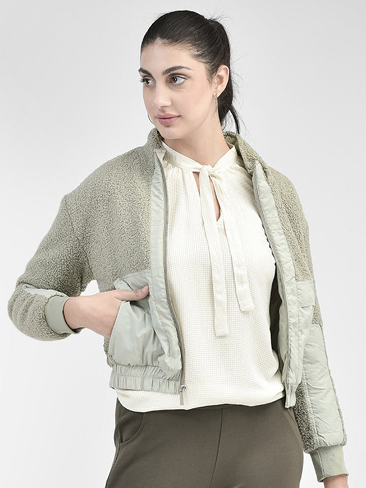 Olive Crop Length Jacket With Fur Detail-Women Jackets-Crimsoune Club
