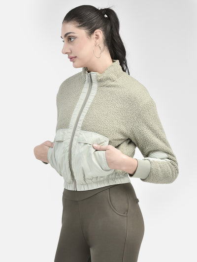 Olive Crop Length Jacket With Fur Detail-Women Jackets-Crimsoune Club