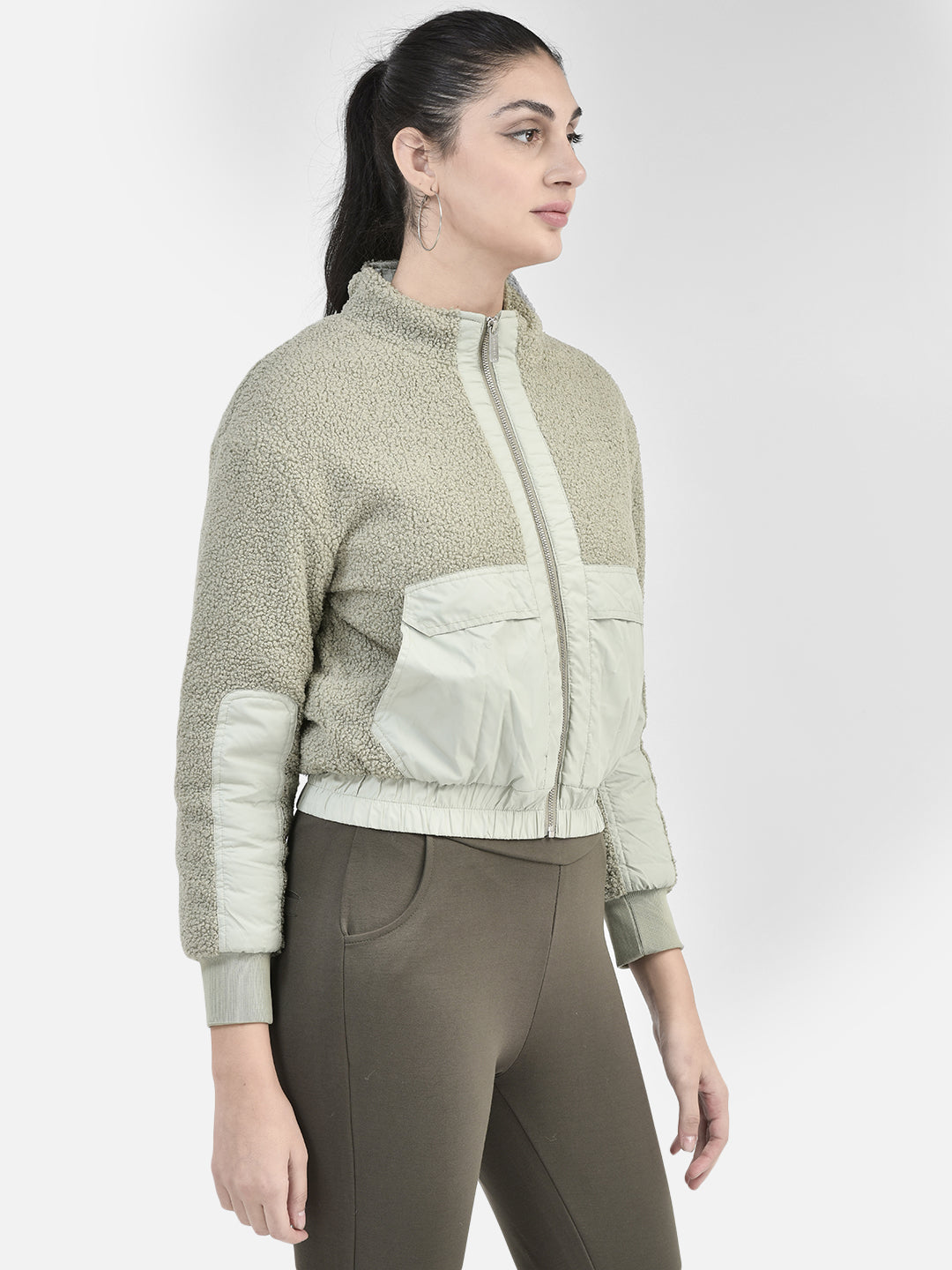 Olive Crop Length Jacket With Fur Detail-Women Jackets-Crimsoune Club