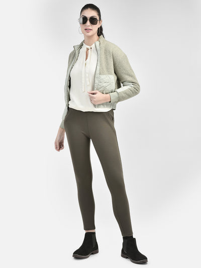 Olive Crop Length Jacket With Fur Detail-Women Jackets-Crimsoune Club