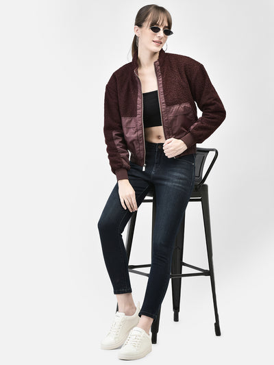 Wine Bomber Fur Jacket-Women Jackets-Crimsoune Club