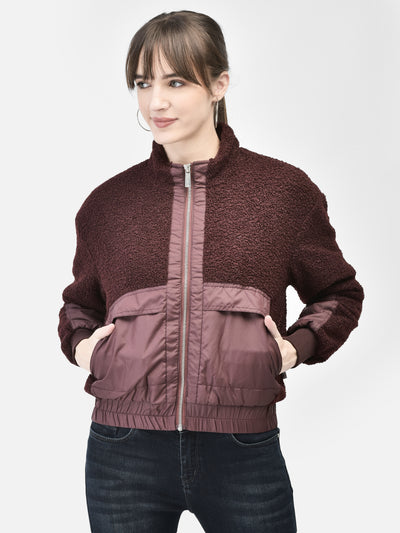 Wine Bomber Fur Jacket-Women Jackets-Crimsoune Club