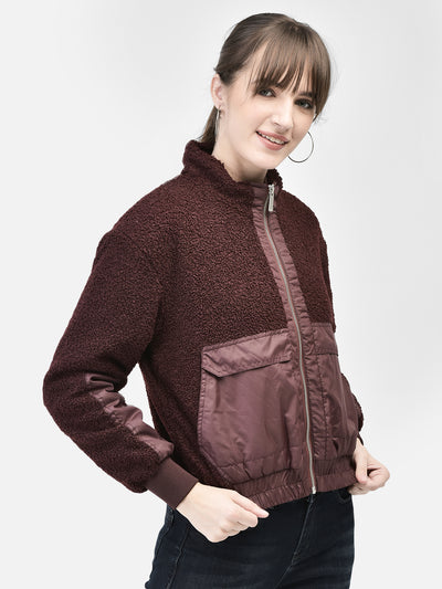 Wine Bomber Fur Jacket-Women Jackets-Crimsoune Club