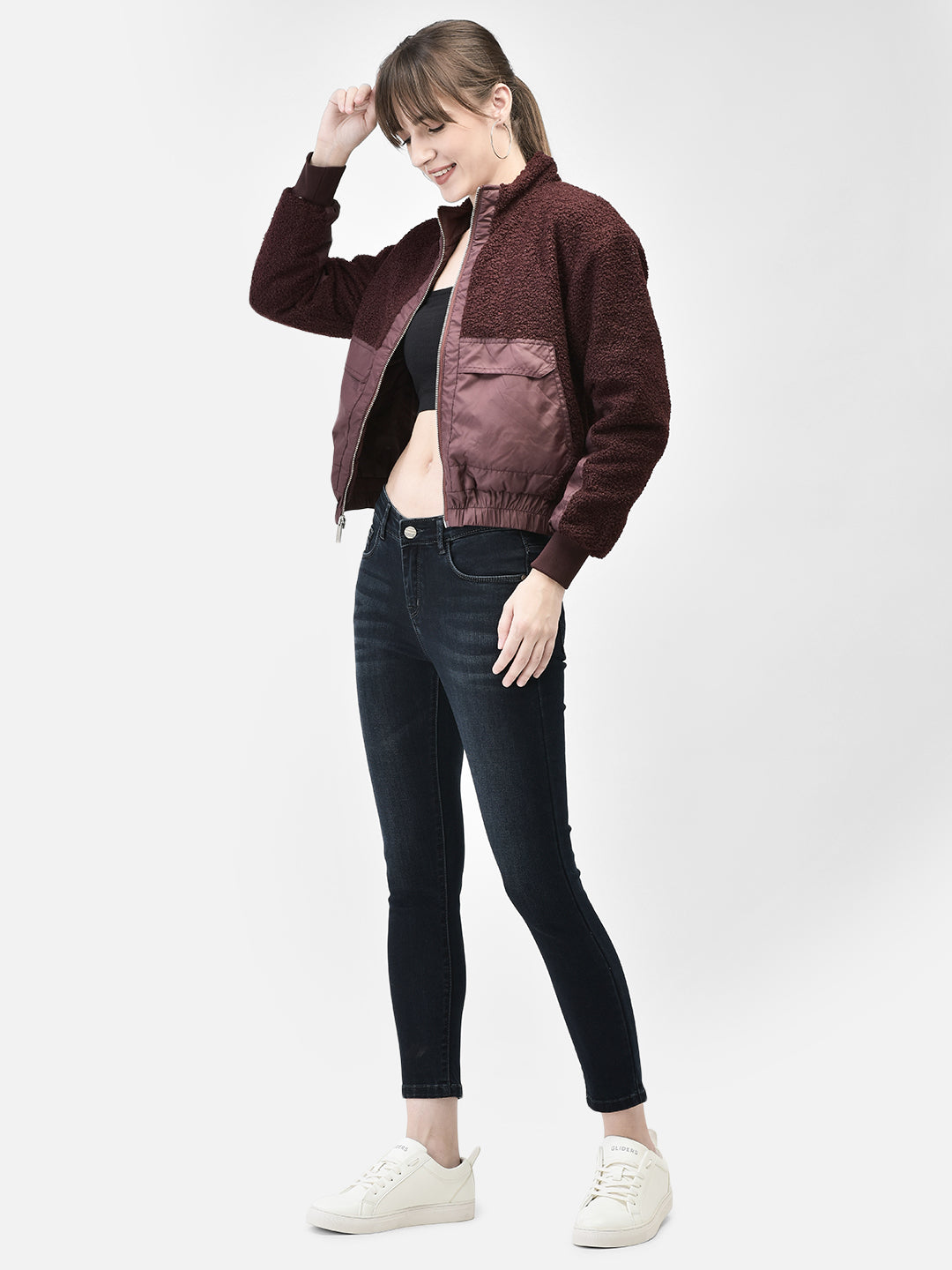 Wine Bomber Fur Jacket-Women Jackets-Crimsoune Club