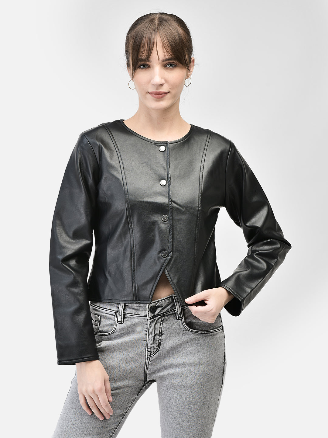 Black Leather Crop Length Jacket-Women Jackets-Crimsoune Club