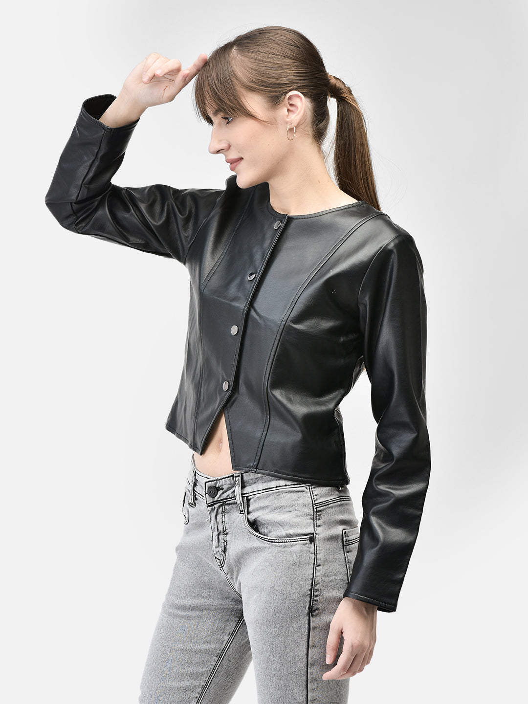 Black Leather Crop Length Jacket-Women Jackets-Crimsoune Club