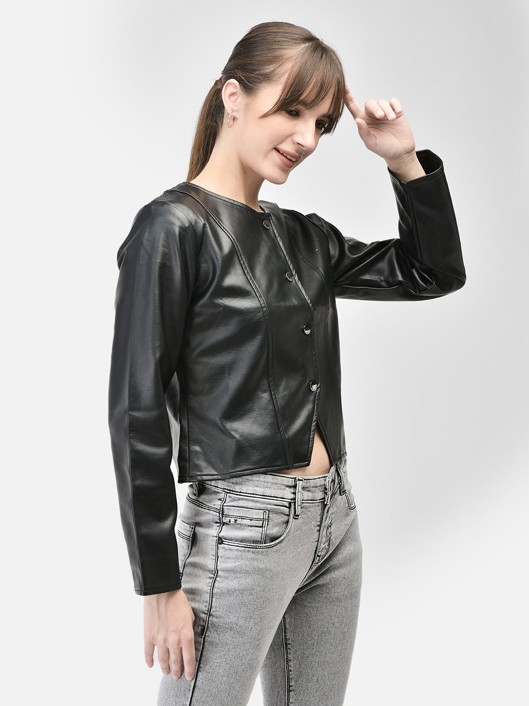 Black Leather Crop Length Jacket-Women Jackets-Crimsoune Club