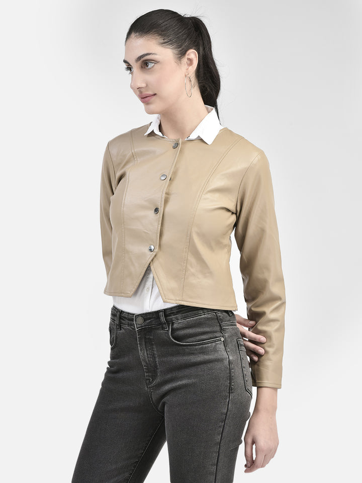 Beige PU Leather Crop Length Jacket-Women Jackets-Crimsoune Club