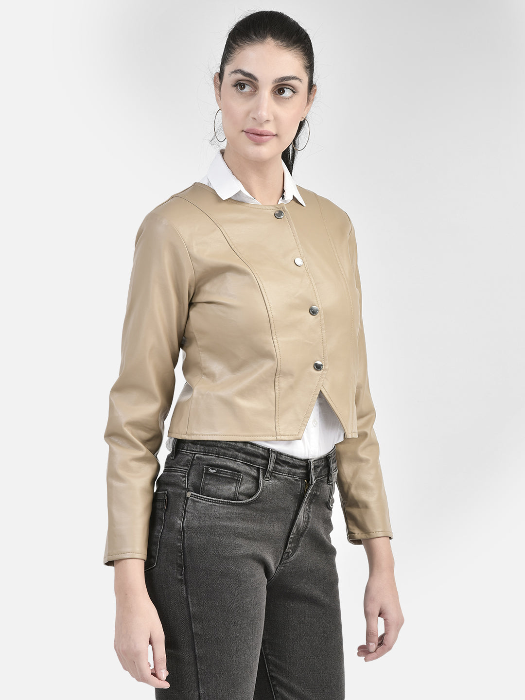Beige PU Leather Crop Length Jacket-Women Jackets-Crimsoune Club