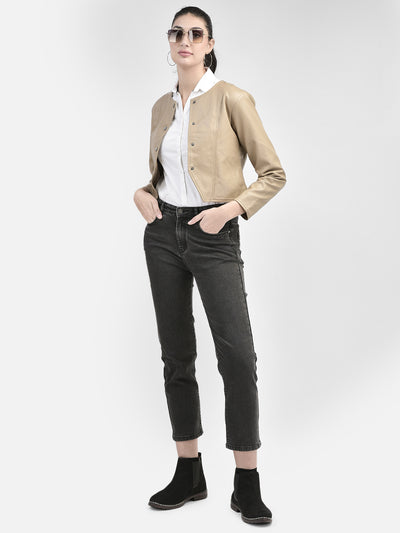 Beige PU Leather Crop Length Jacket-Women Jackets-Crimsoune Club