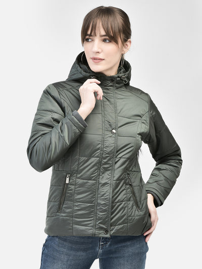 Olive Hooded Puffer Jacket-Women Jackets-Crimsoune Club