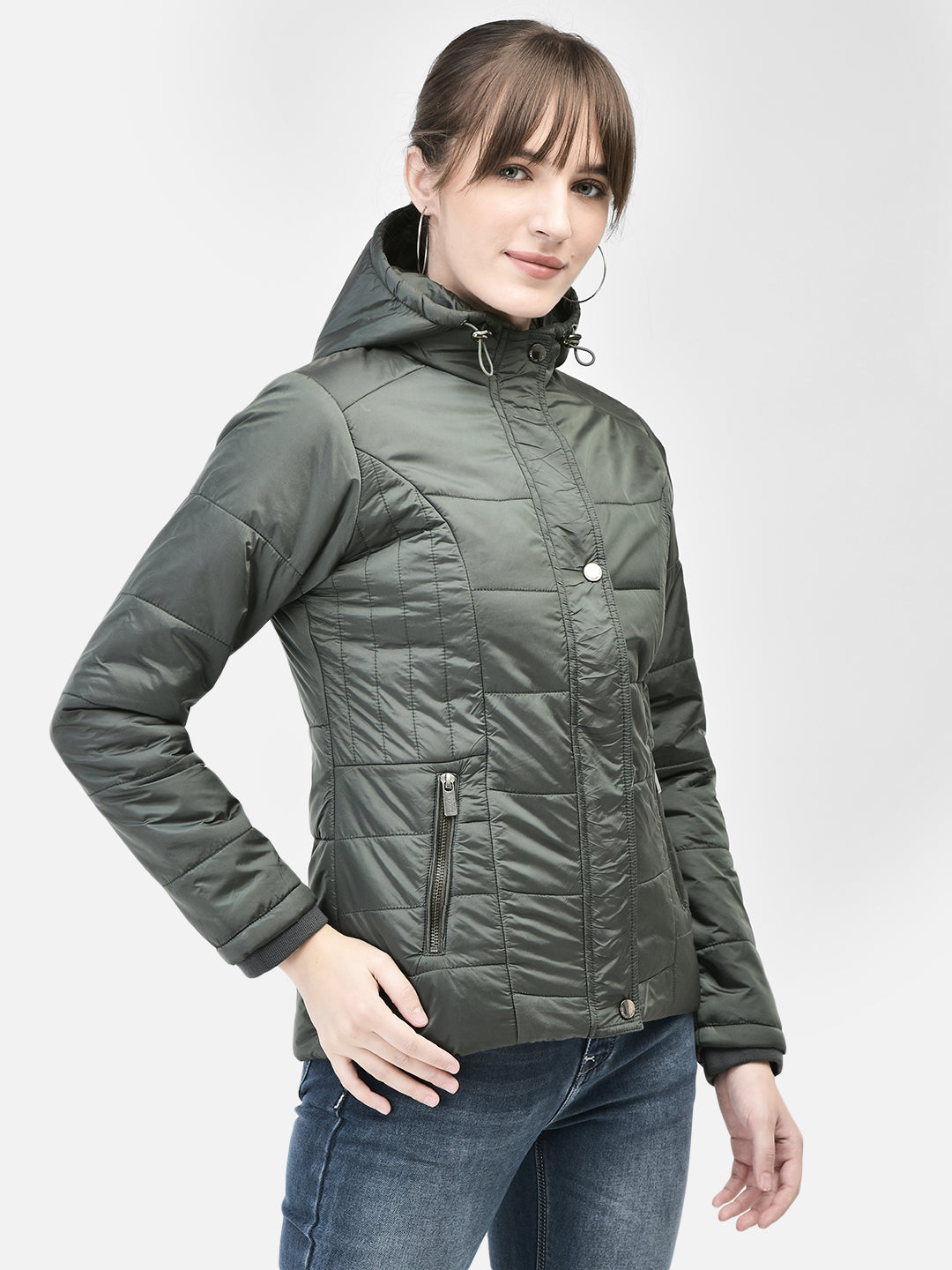 Olive Hooded Puffer Jacket-Women Jackets-Crimsoune Club