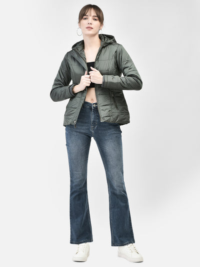 Olive Hooded Puffer Jacket-Women Jackets-Crimsoune Club