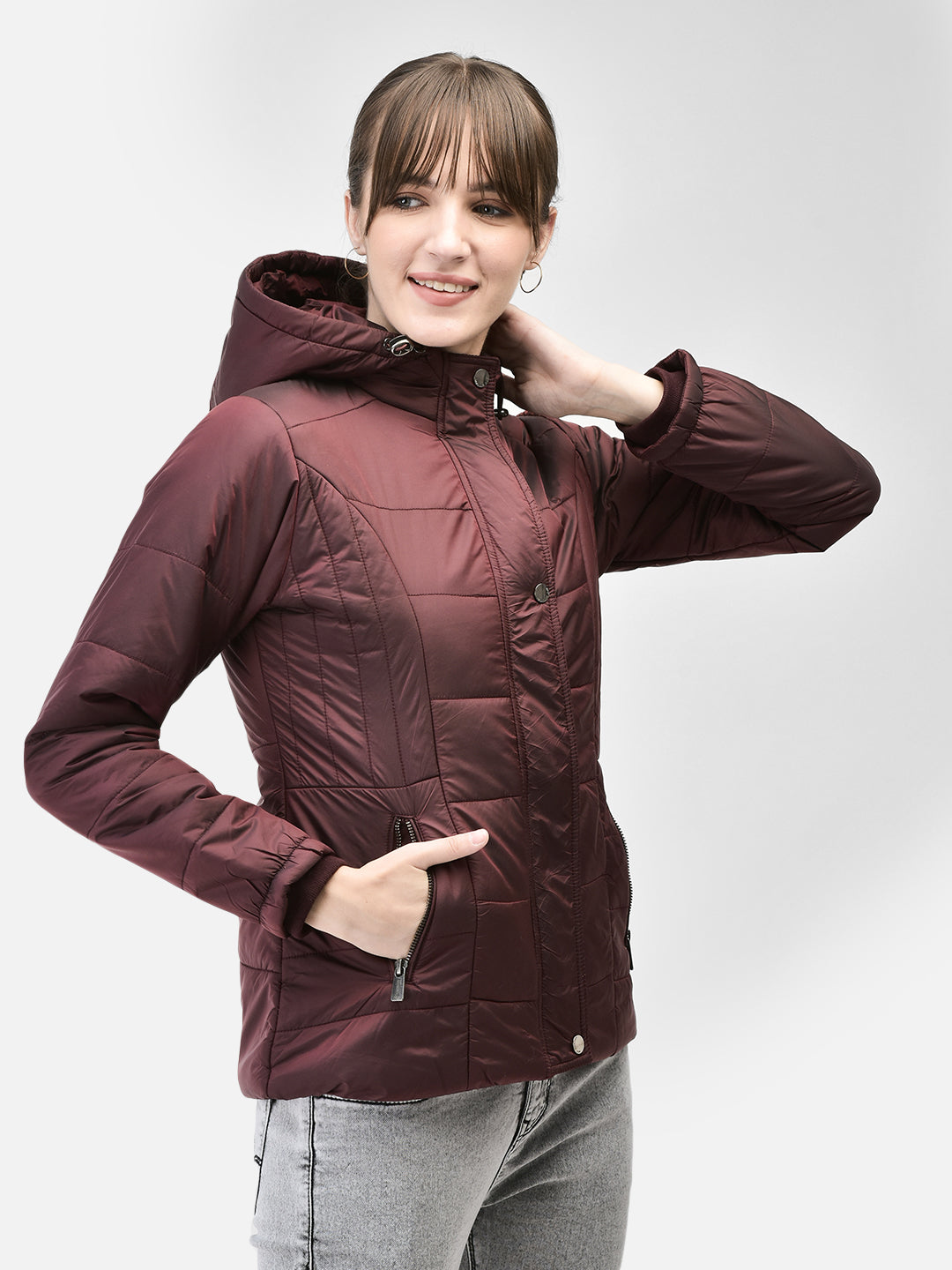 Wine Hooded Puffer Jacket-Women Jackets-Crimsoune Club