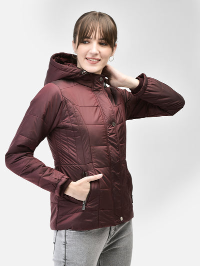 Wine Hooded Puffer Jacket-Women Jackets-Crimsoune Club