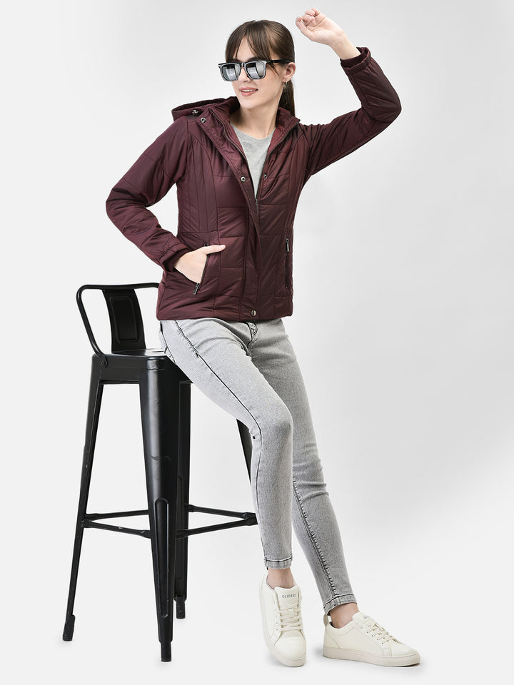 Wine Hooded Puffer Jacket-Women Jackets-Crimsoune Club