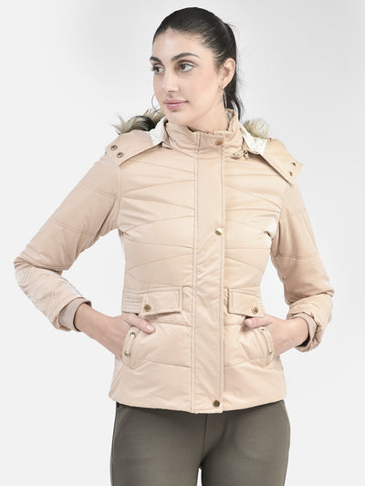 Beige Hooded Puffer Jacket-Women Jackets-Crimsoune Club