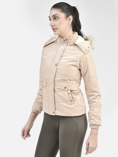 Beige Hooded Puffer Jacket-Women Jackets-Crimsoune Club