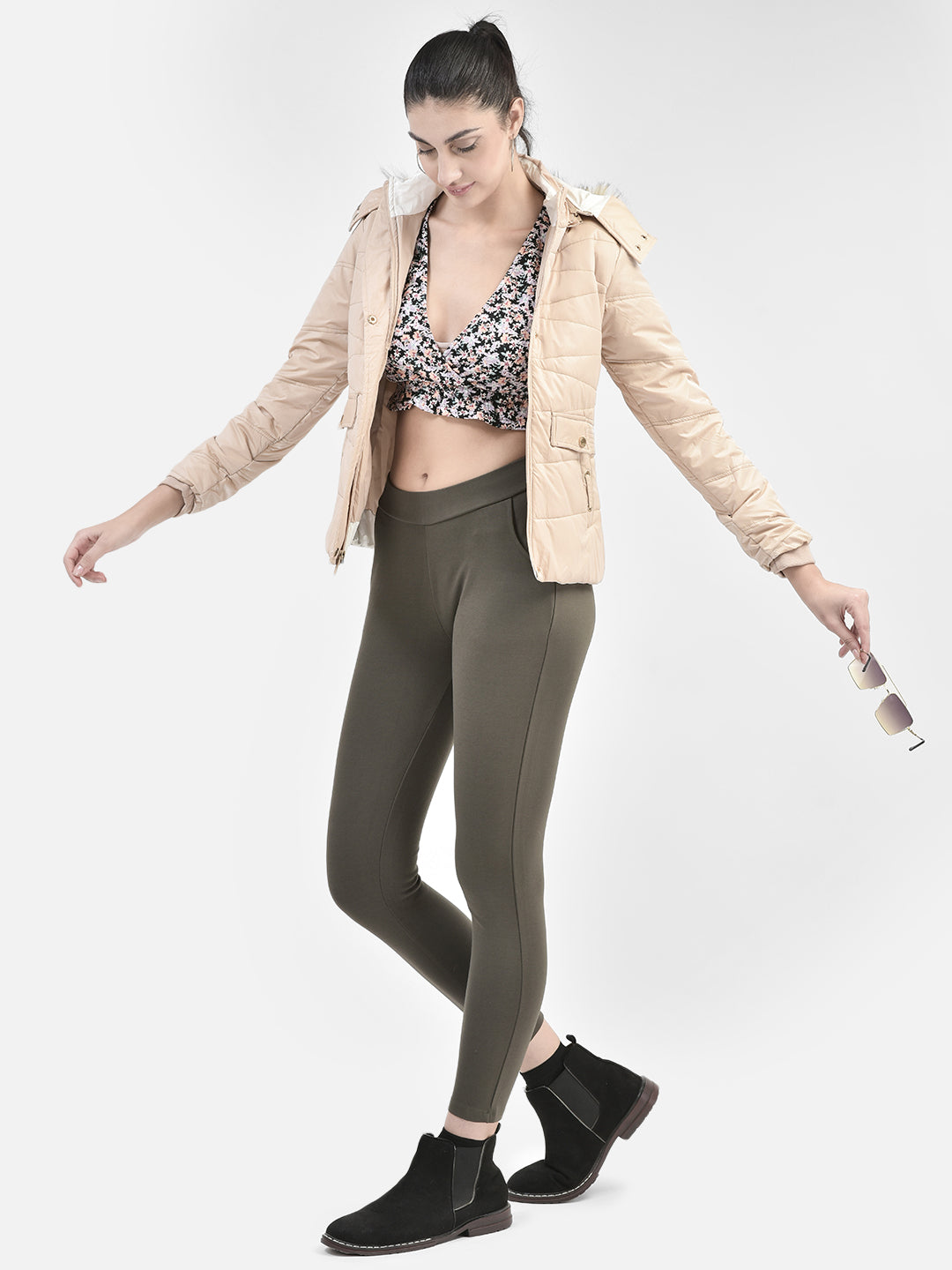 Beige Hooded Puffer Jacket-Women Jackets-Crimsoune Club