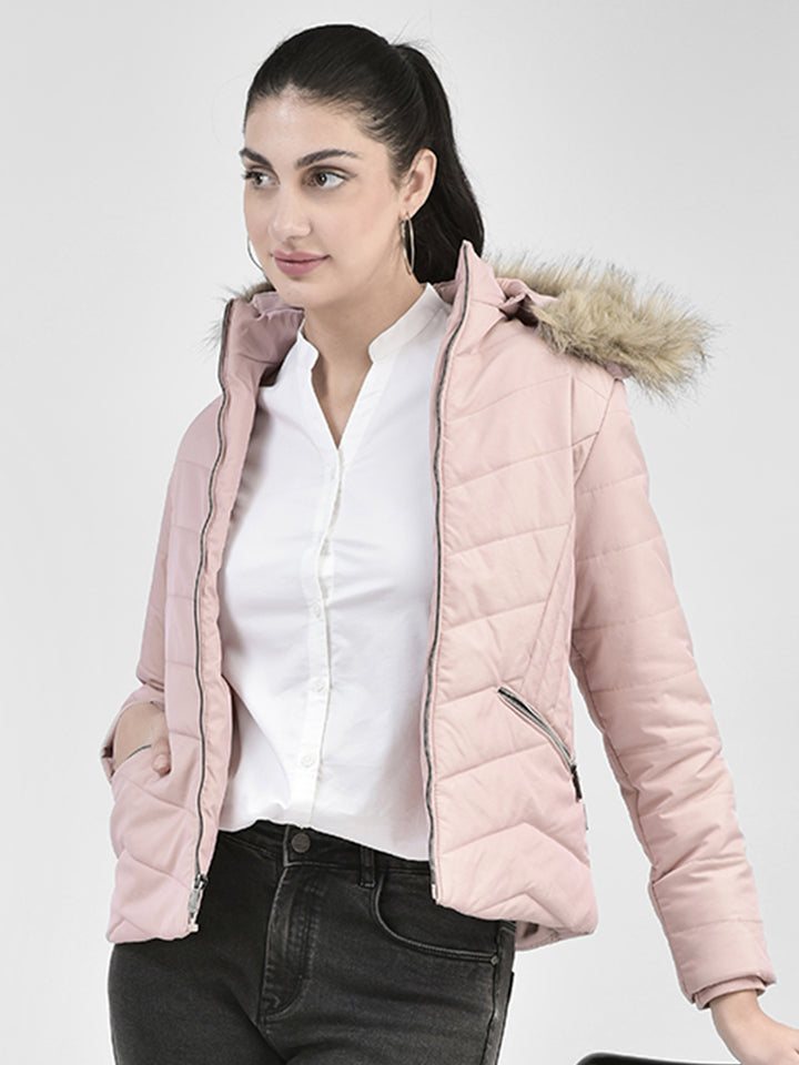 Peach Hooded Puffer Jacket With Faux Fur Detail-Women Jackets-Crimsoune Club