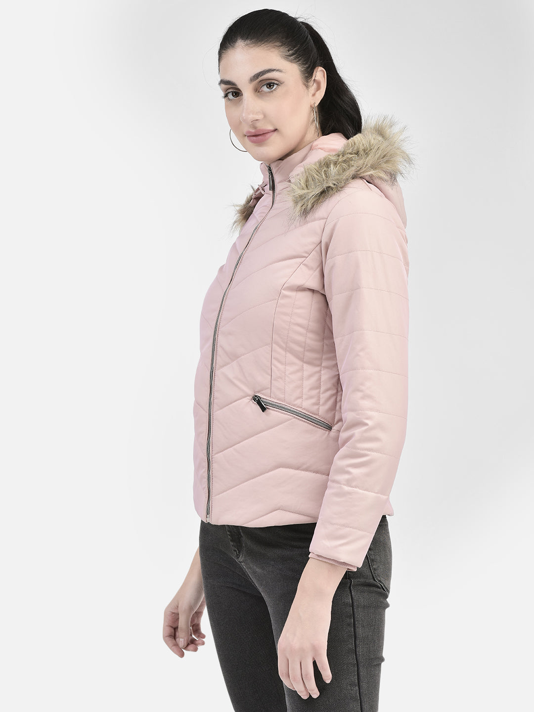 Peach Hooded Puffer Jacket With Faux Fur Detail-Women Jackets-Crimsoune Club