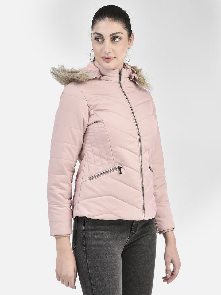 Peach Hooded Puffer Jacket With Faux Fur Detail-Women Jackets-Crimsoune Club