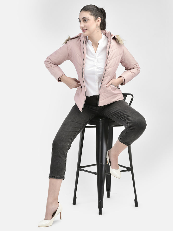 Peach Hooded Puffer Jacket With Faux Fur Detail-Women Jackets-Crimsoune Club