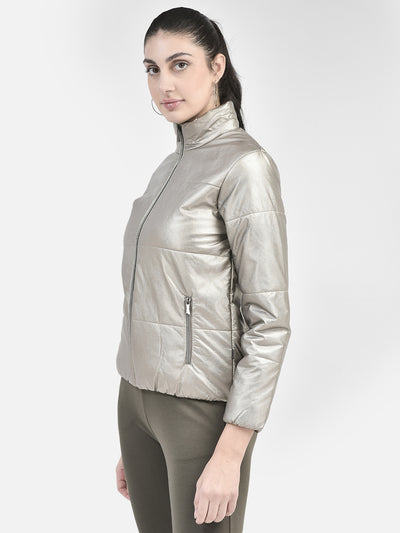 Grey PU Leather Jacket-Women Jackets-Crimsoune Club