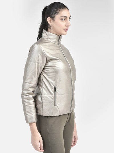 Grey PU Leather Jacket-Women Jackets-Crimsoune Club