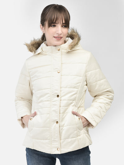 Cream Hooded Puffer Jacket-Women Jackets-Crimsoune Club