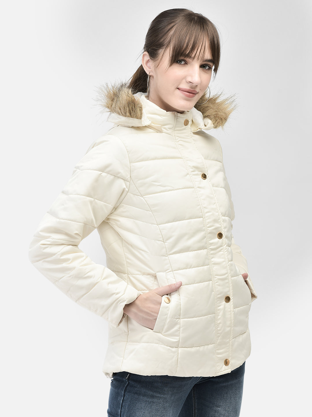 Cream Hooded Puffer Jacket-Women Jackets-Crimsoune Club