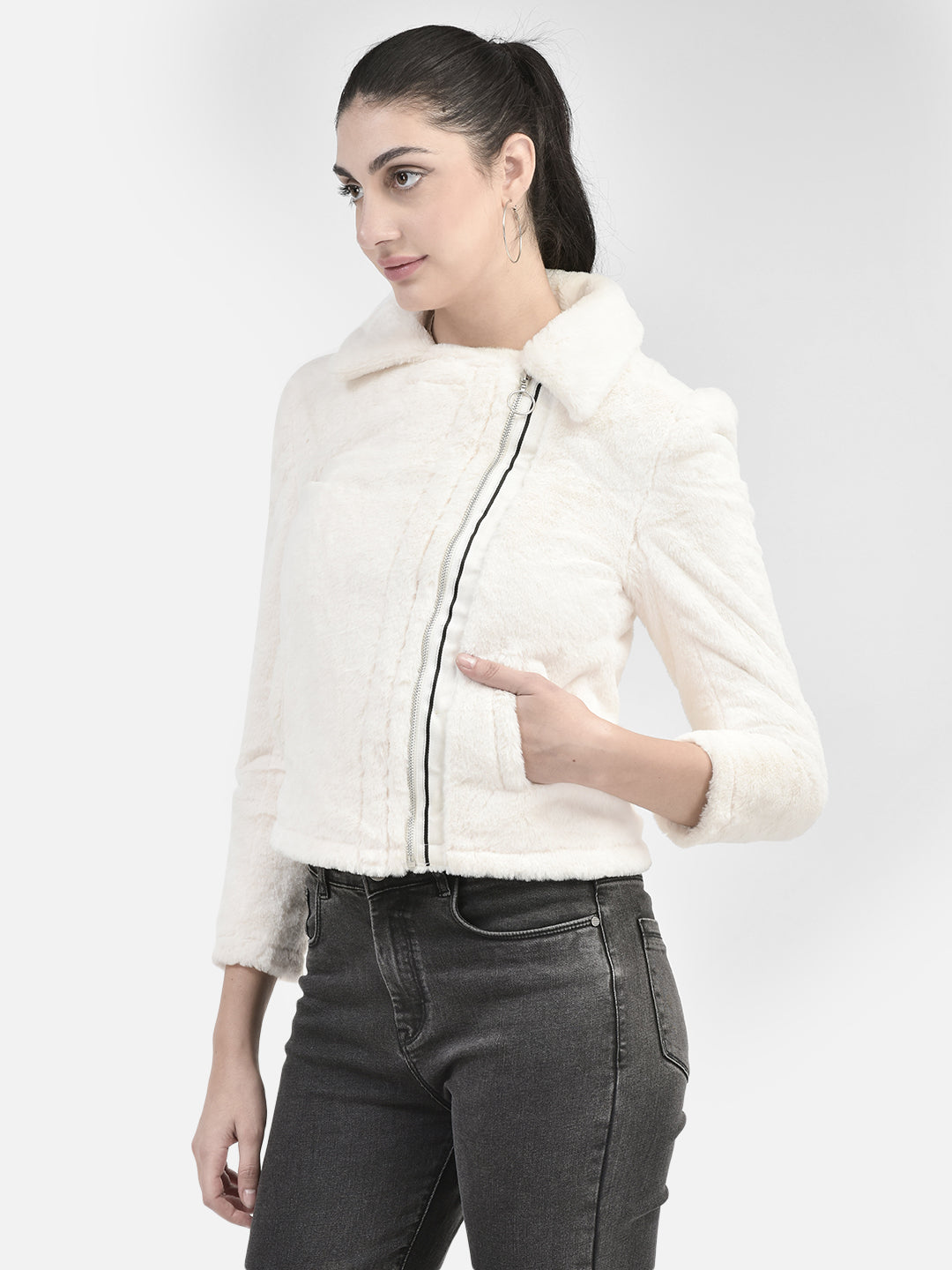 White Crop Length Fur Jacket-Women Jackets-Crimsoune Club