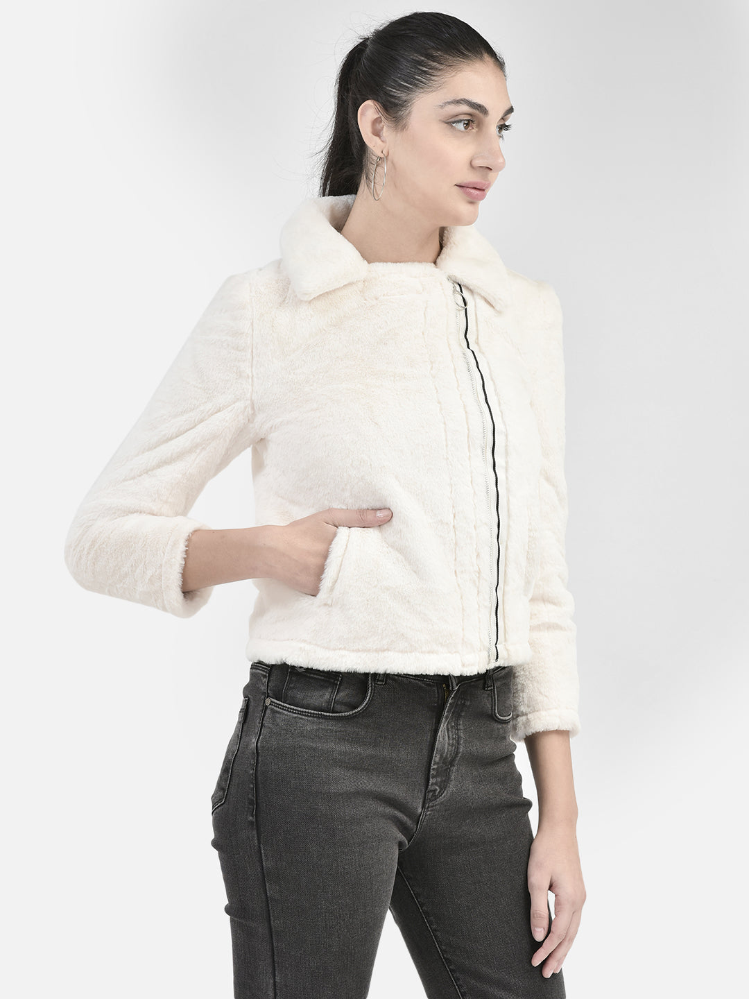 White Crop Length Fur Jacket-Women Jackets-Crimsoune Club