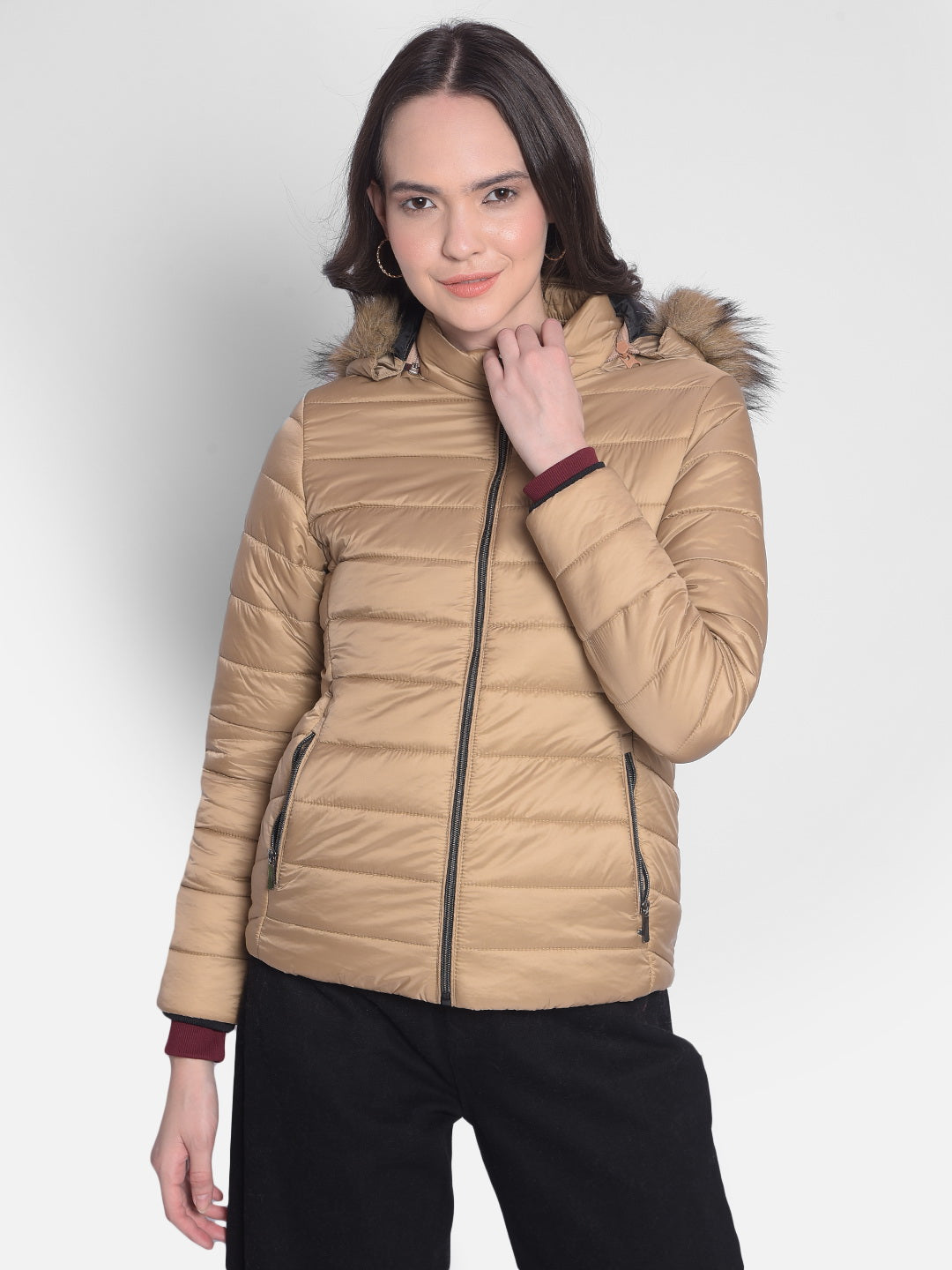 Beige Hooded Jacket With Faux Fur Detail-Women Jackets-Crimsoune Club