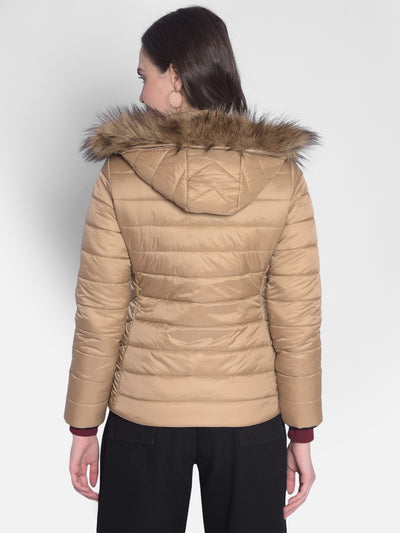 Beige Hooded Jacket With Faux Fur Detail-Women Jackets-Crimsoune Club