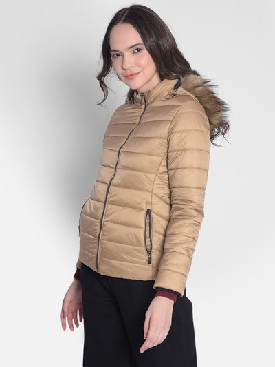 Beige Hooded Jacket With Faux Fur Detail-Women Jackets-Crimsoune Club