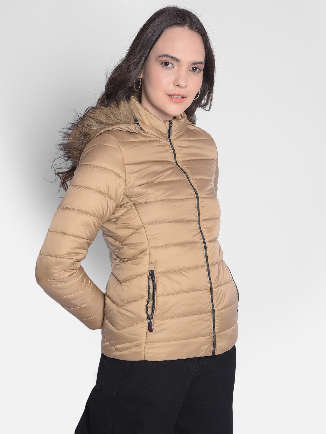 Beige Hooded Jacket With Faux Fur Detail-Women Jackets-Crimsoune Club