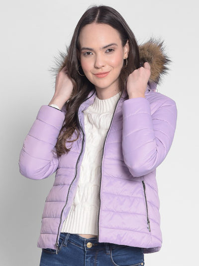 Purple Hooded Jacket With Faux Fur Detail-Women Jackets-Crimsoune Club
