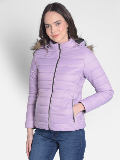 Purple Hooded Jacket With Faux Fur Detail-Women Jackets-Crimsoune Club