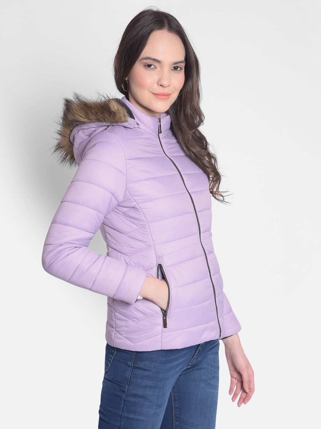 Purple Hooded Jacket With Faux Fur Detail-Women Jackets-Crimsoune Club