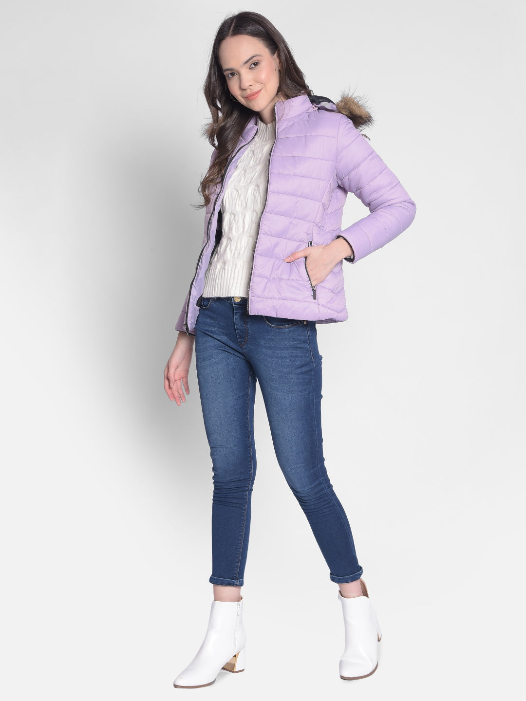 Purple Hooded Jacket With Faux Fur Detail-Women Jackets-Crimsoune Club