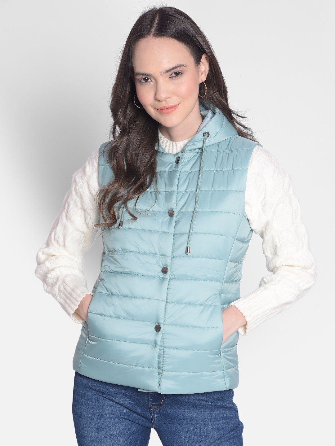 Mint-Green Puffer Hooded Jacket-Women Jackets-Crimsoune Club