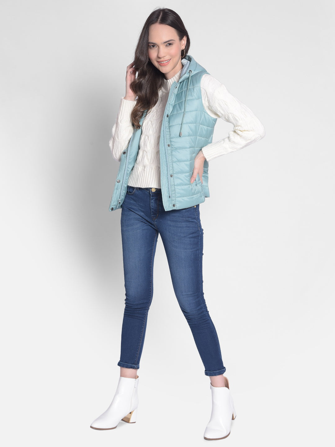 Mint-Green Puffer Hooded Jacket-Women Jackets-Crimsoune Club