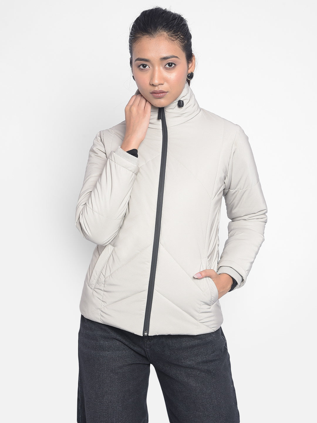Grey Puffer Jackets-Women Jackets-Crimsoune Club