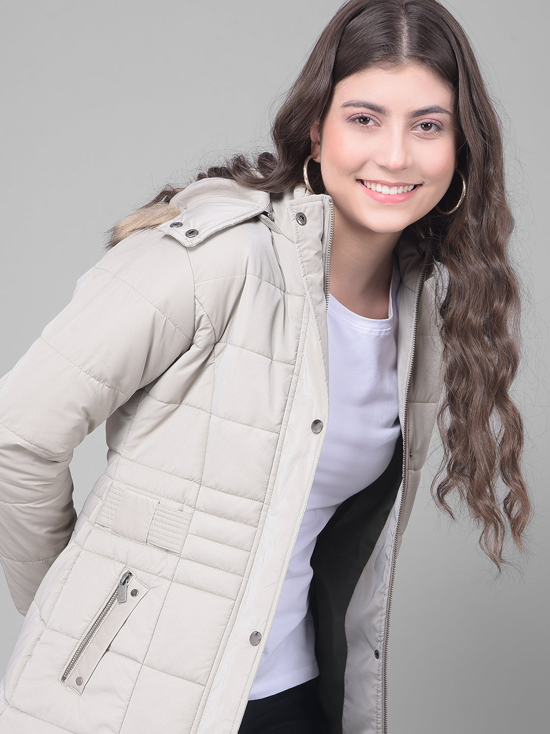 Grey Hooded Puffer Jacket-Women Jackets-Crimsoune Club