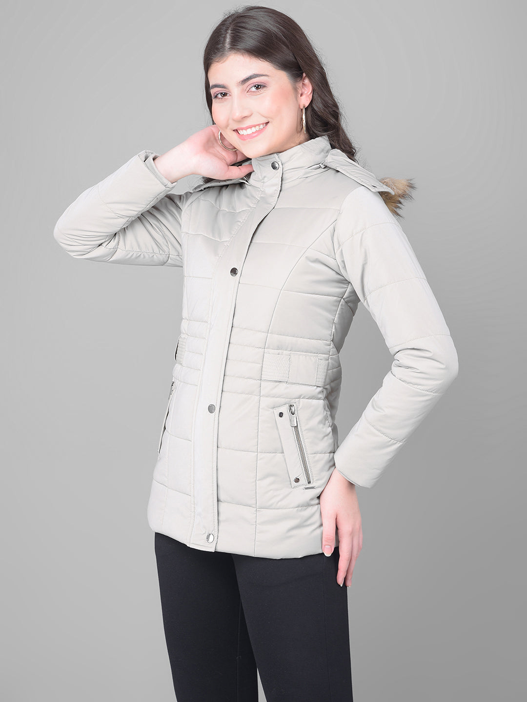 Grey Hooded Puffer Jacket-Women Jackets-Crimsoune Club