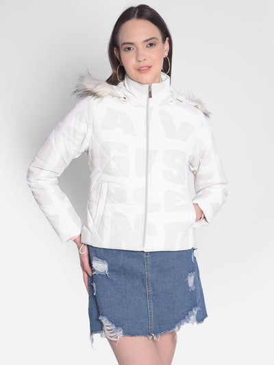 White Printed Jacket With Faux Fur Detail-Women Jackets-Crimsoune Club